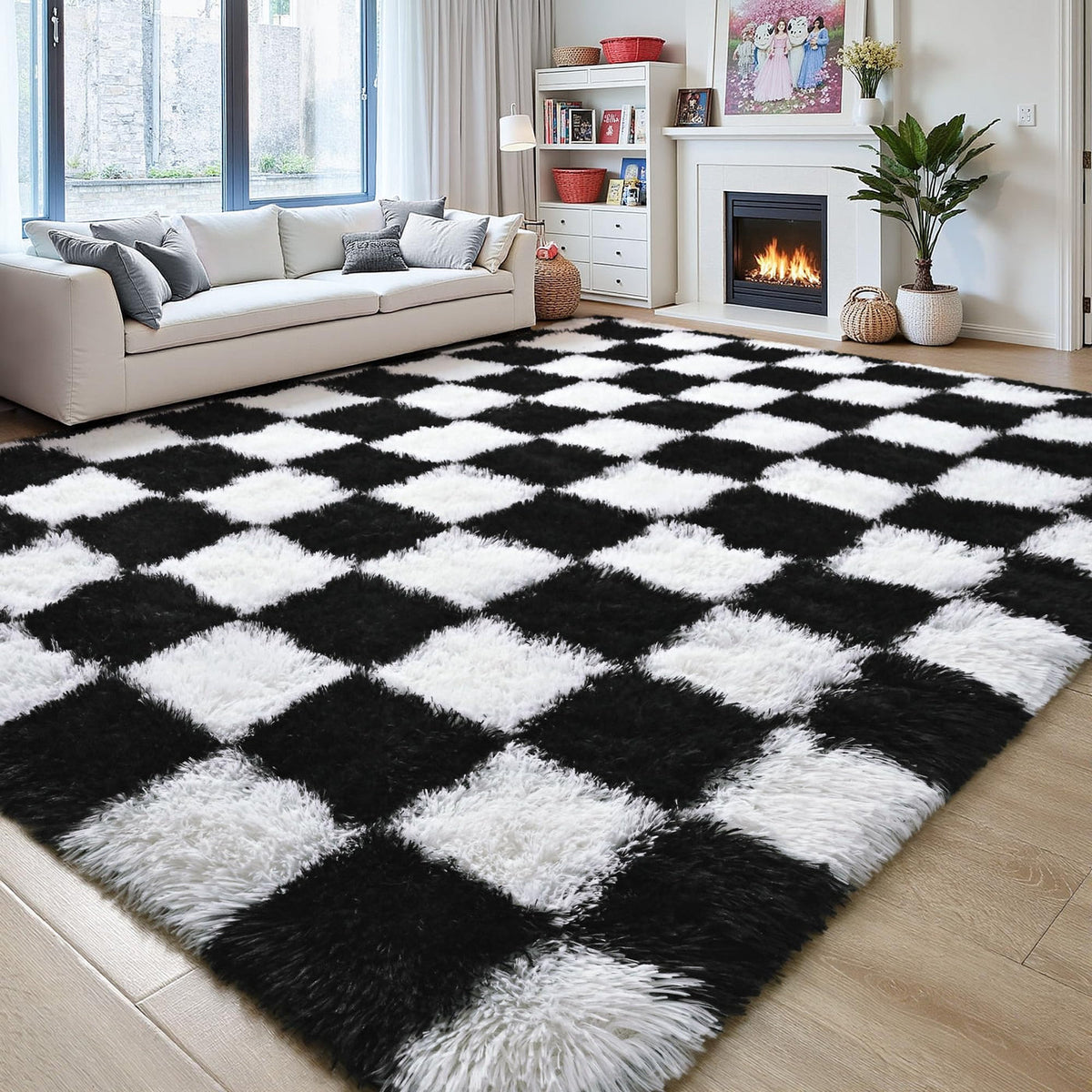Checkered shag rug in a bright living room