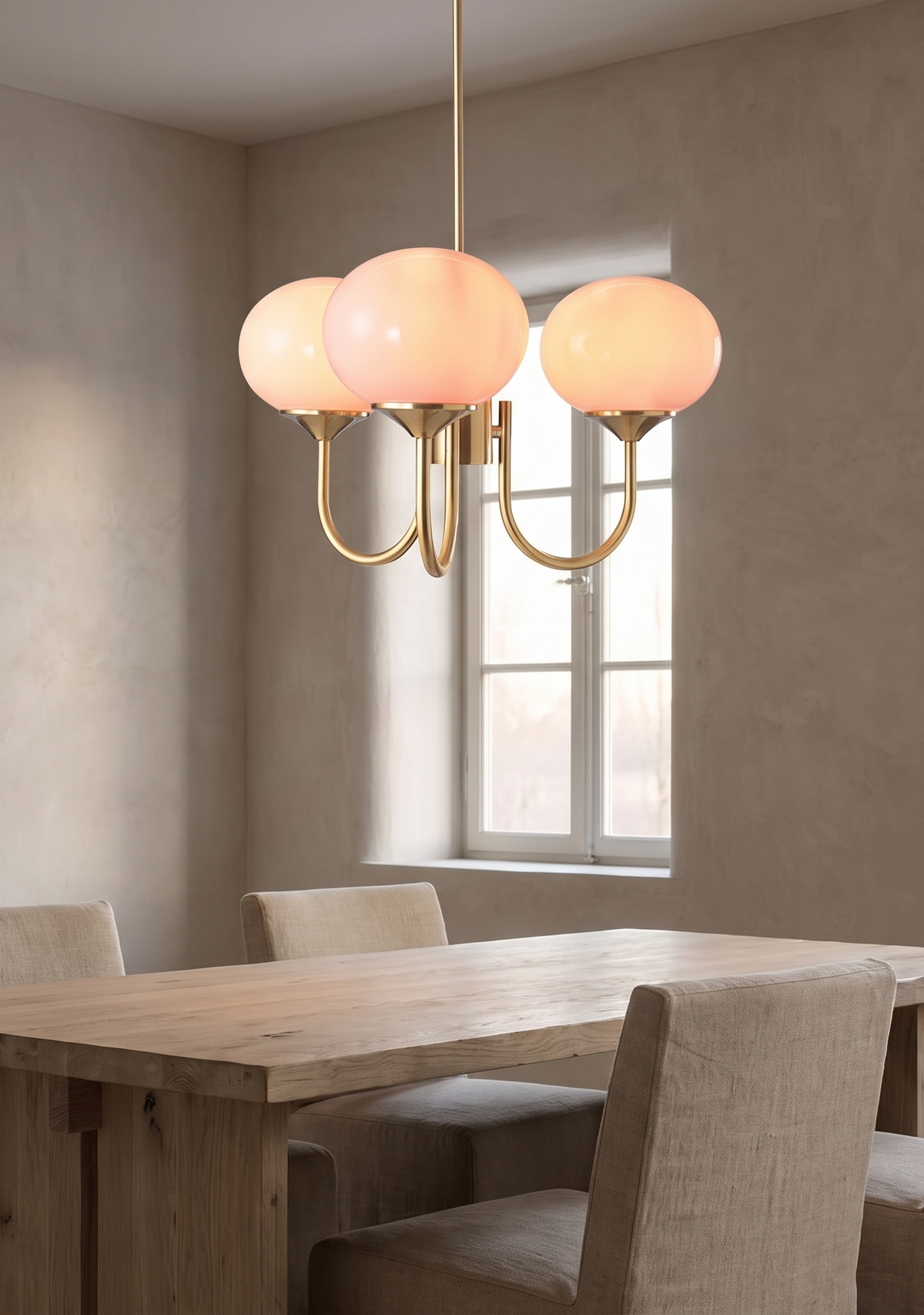Gold chandelier with pink glass globes over a wood dining table