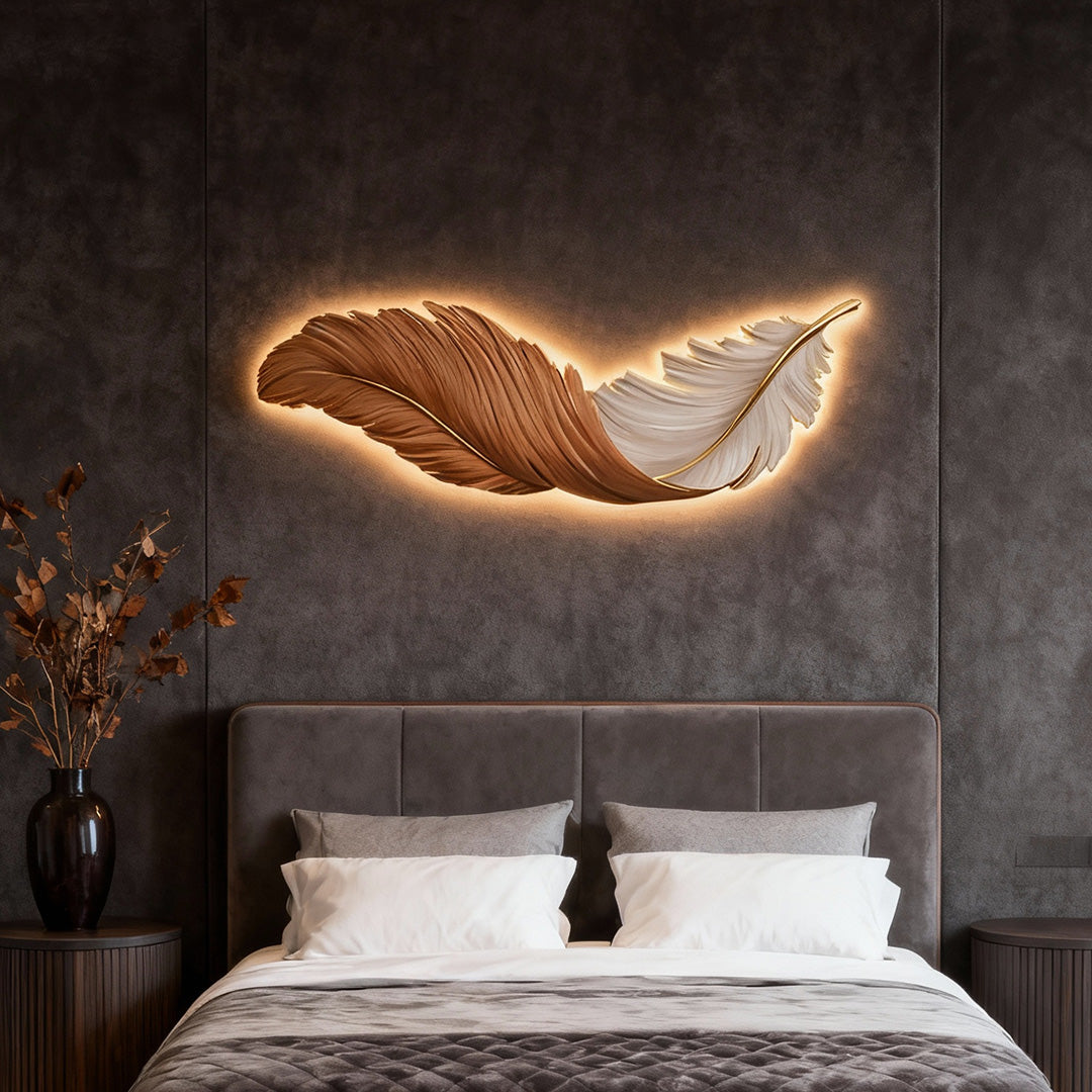 Feather wall light over a bed