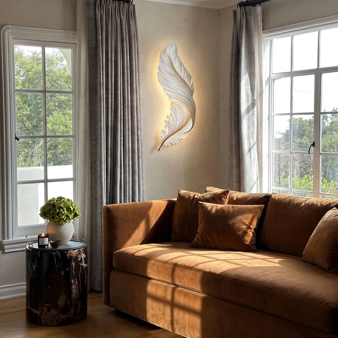 Penna feather wall light in a living room