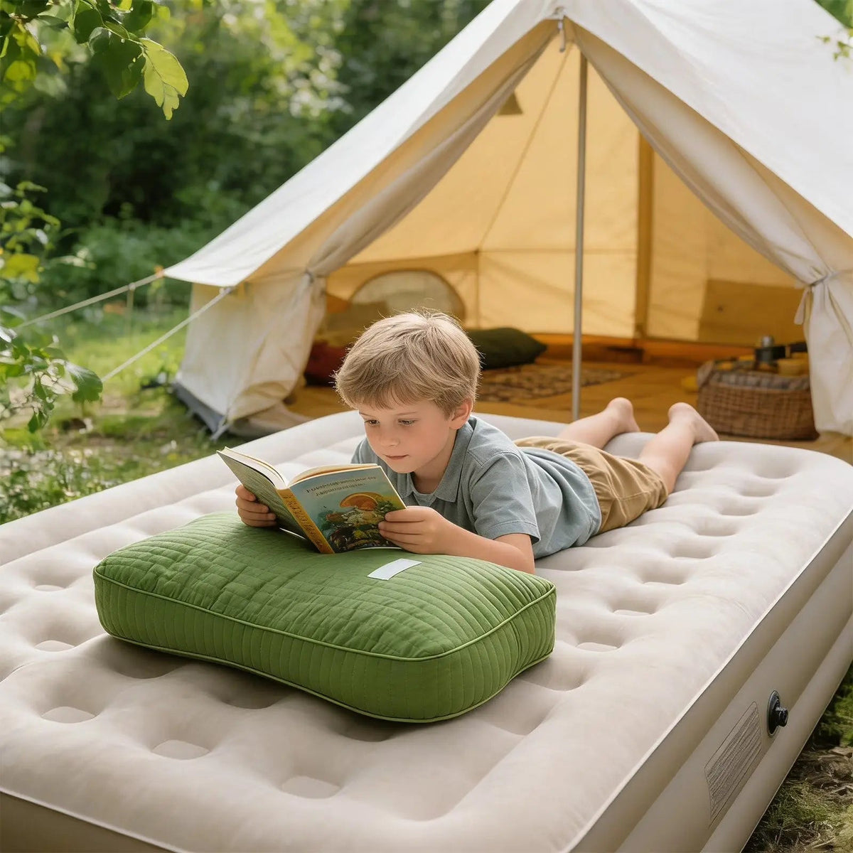 Child reading on a buckwheat pillow on an air mattress outdoors