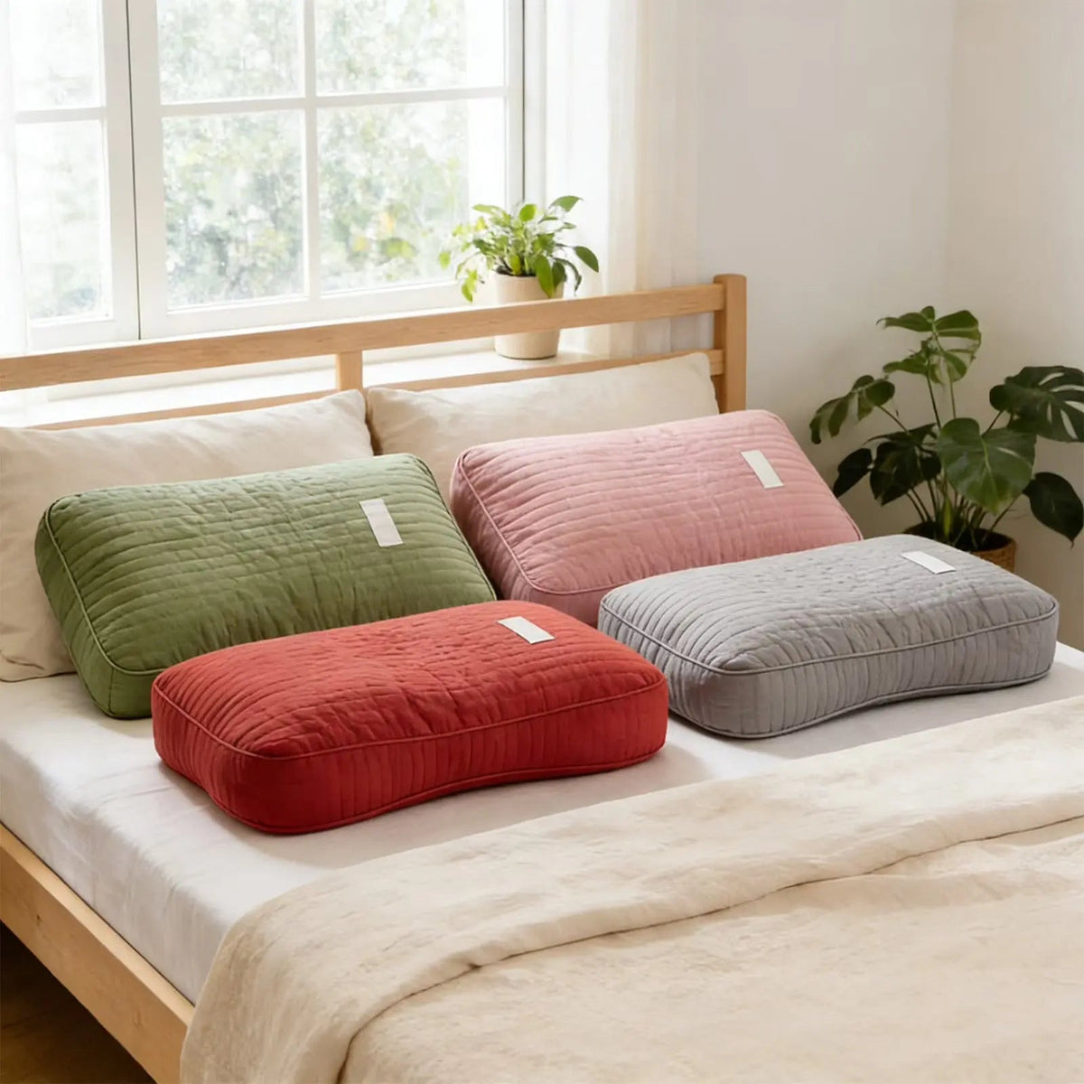 Buckwheat hull pillows in Light Green, Pink, Gray and Brick Red on a bed