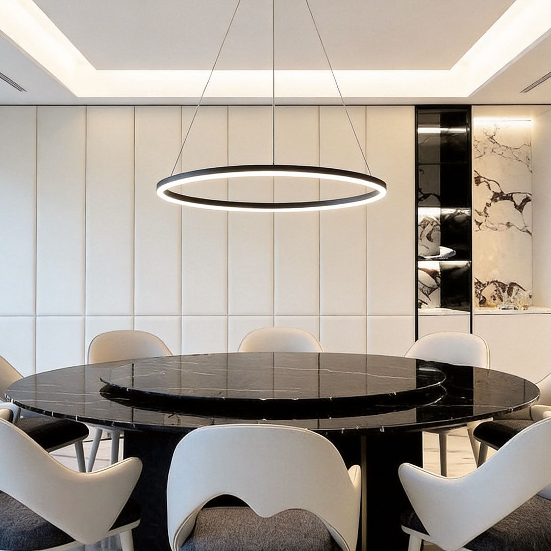 Black ring chandelier in a dining room