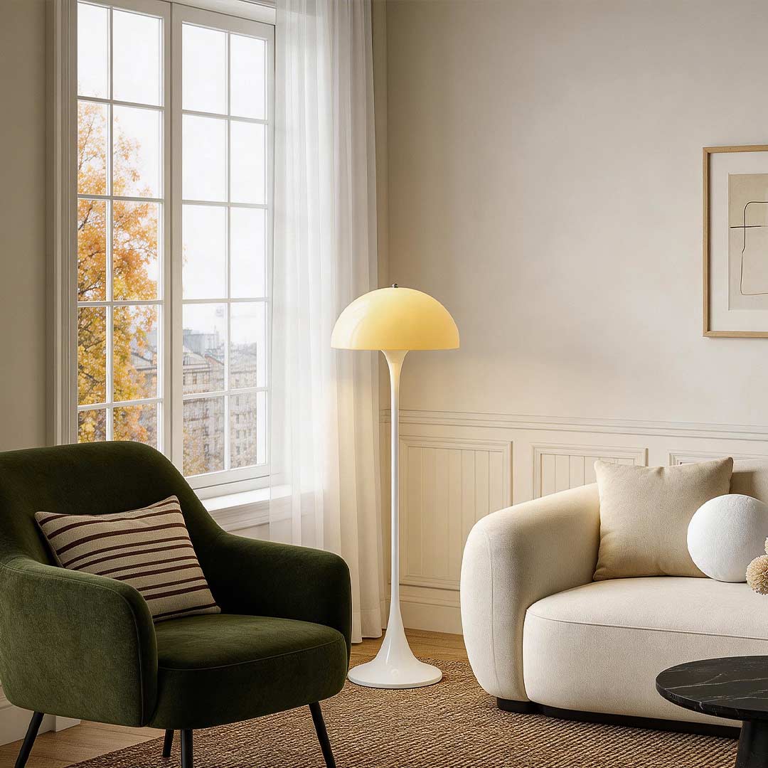 Cupola mushroom floor lamp beside an armchair