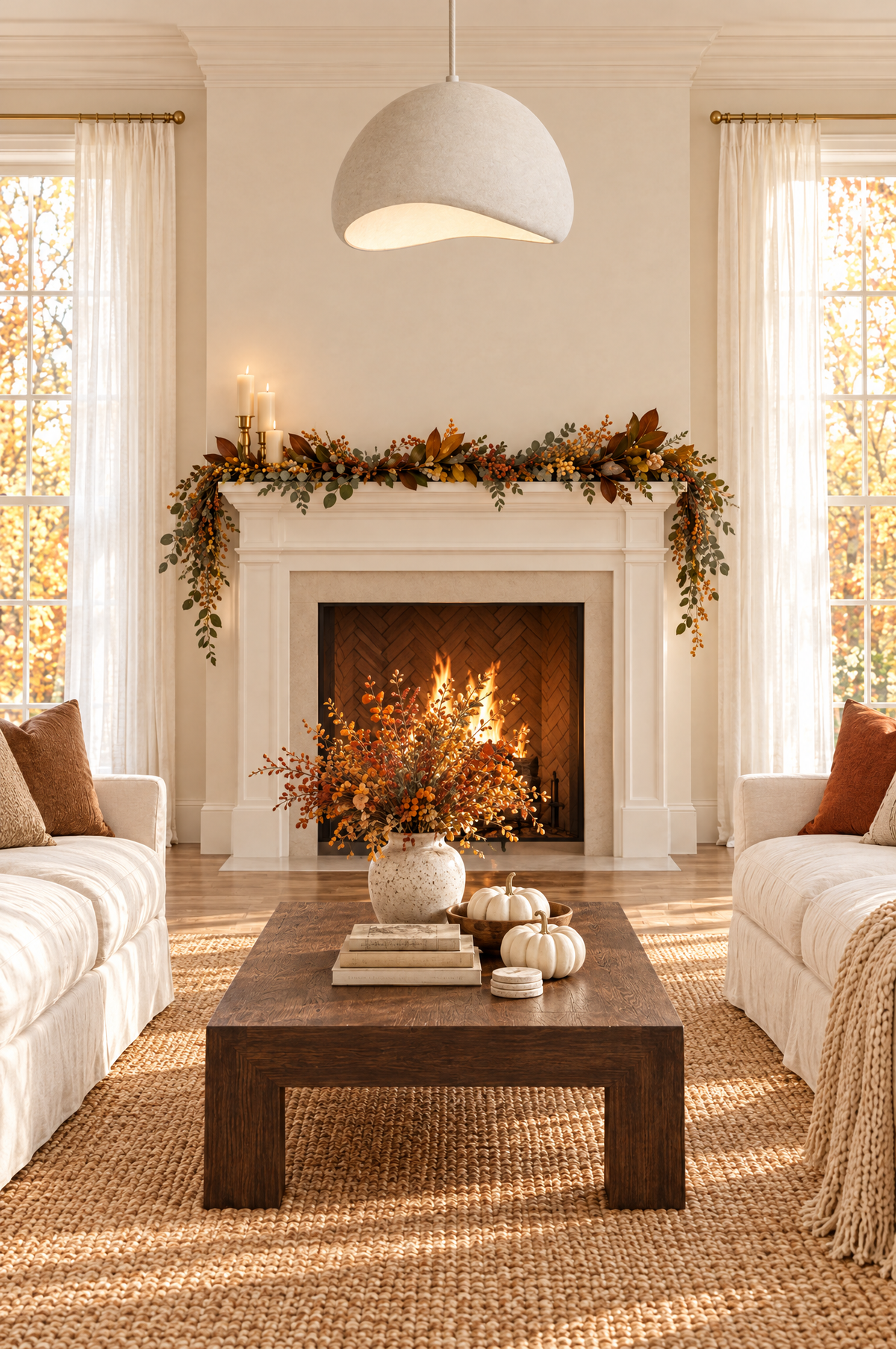Bright autumn living room with a white plaster dome pendant light over the fireplace