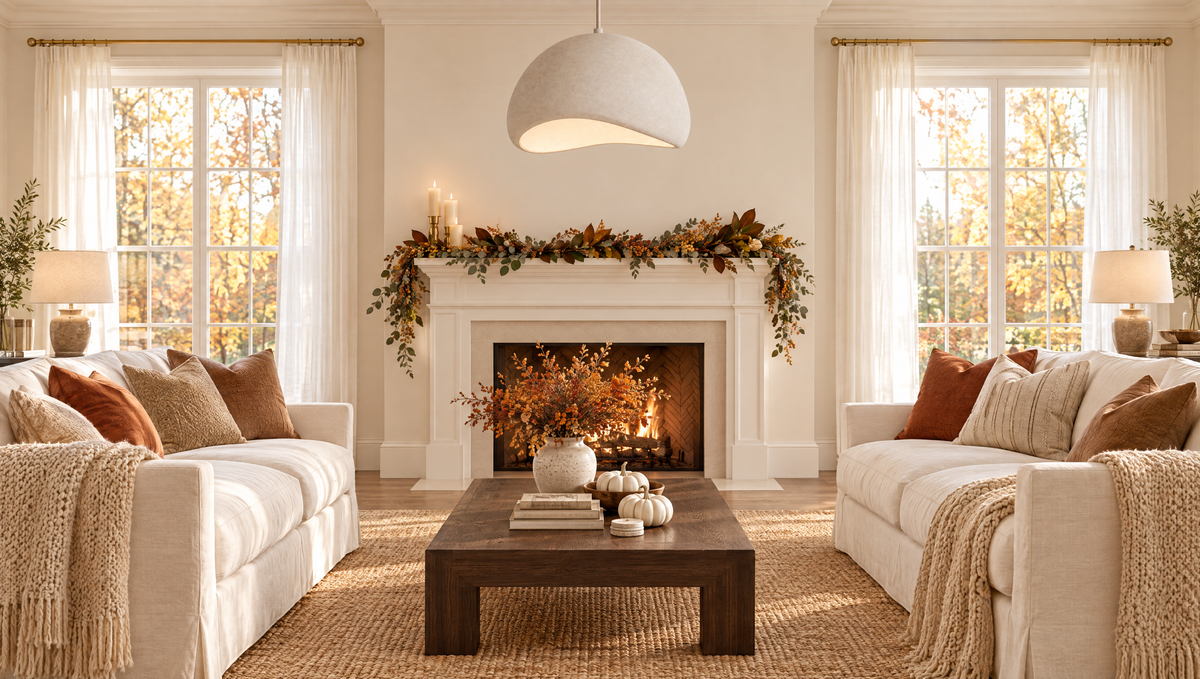 Bright autumn living room with a white plaster dome pendant light over the fireplace